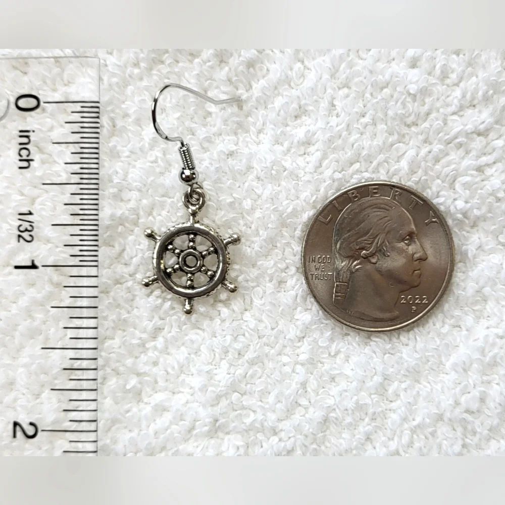 Nautical Silver Ship Wheel Statement Dangle Earrings / Pierced - Picture 5 of 5